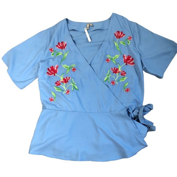 Asos Blue Floral Embroidered Wrap Peplum Top Size 18 NWT - Picture 8 of 10